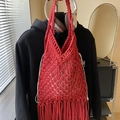 Handmade red macrame tote bag with bohemian fringe detail and cotton cord weave - With Pendant / Red