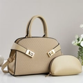 Detail of light beige PU leather handbag with woven texture and matching mini coin purse - Khaki