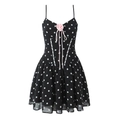 Robe à bretelles noire à pois style français avec rose 3D rose et bretelles fines - S / Pois Noir et Blanc Rose Rose