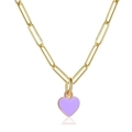 Gold paperclip chain necklace featuring a glossy purple enamel heart pendant - Paperclip Chain / Purple
