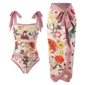 Pink floral three-piece bikini set with butterfly print and matching wrap maxi skirt - Floral Series