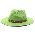 Detail of light green straw hat with brown leather band and silver rivet studs - M (56-58cm) / Fruit Green