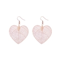 Detailed view of heart-shaped earrings with fine gold leaf vein texture on white background - Rose Gold
