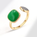 Chic open ring with large square green enamel stone and gray gem on gold band - Green and Grey Double Stone Style (AJ767)
