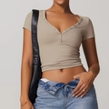 Slim fit khaki V-neck yoga crop top with snap buttons for women running or gym training - XS / Light Coffee