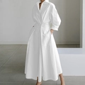 Elegante witte katoenen overhemdjurk met geplooide taille en poflantaarnmouwen - S / Onderkant (5082#) / Wit
