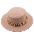 Detail of light pink flat top straw hat featuring a stylish chunky gold metal chain decoration - M (56-58cm) / Light Pink Style (13)