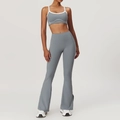 Women's grey flared yoga set with white contrast trim and split hem sports pants - S / Sports Bra + Leggings / Iron Grey