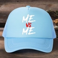 Light blue ME VS ME trucker hat with breathable mesh on a vintage wooden background - One Size / All Sky Blue
