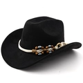 Close-up of black cowboy hat featuring white woven cord with wood beads and seashells - M (56-58cm) / Black