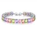 Sliver plated tennis bracelet featuring oval multi-colored zircon stones with claw setting - Platinum Rainbow Zirconia