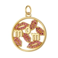 Detail of a gold circular MOM pendant with pink zircon lip accents and hollow design - MOM Hollow Pendant-Pink Zircon-17