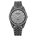 Macro detail of iced out quartz watch with large diamond dial and crystal encrusted band - Black