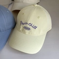 Close-up of cream cotton baseball cap with purple Paris chill RADIO embroidery detail - M (56-58cm) / Yellow