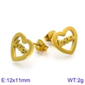 Golden heart stud earrings with love lettering and brushed metal finish for women - LOVE Letter Style / Gold