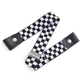 Detail of adjustable checkerboard elastic belt with leather ends and silver metal snaps - Black & White Checker [Standard Style]