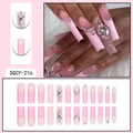 Pink gradient long square press-on nails with heart rhinestones and glitter SGCY-256 - SGCY-256 / Glue Type