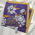 Elegant deep purple square silk scarf with gold floral patterns on a white suit - Purple Square Scarf With White Flowers / 65