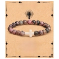 Detail of pink and grey stone beaded bracelet with a white cross on a baptism gift card - Rhodochrosite + Cross