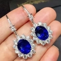 Classic silver royal blue sapphire stud earrings with white zircon cluster setting - Sapphire Flower Earrings Led-109