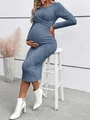 Detail of greyish blue ribbed knit maternity dress showing fabric drape and side fit - Sapphire Blue