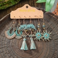 3-piece set of Bohemian bronze earrings with turquoise beads and tree of life fringe - Fan-shaped Hollow Tree Tassel Starburst Style (HQEF-1852)