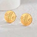 Minimalist gold titanium steel round stud earrings featuring embossed leaf pattern detail - Leaf and Dot / Gold