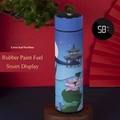 Smart blue stainless steel vacuum flask with LED temperature display and lotus art - 304 Stainless Steel Smart Series / Rubber Paint Lotus Pavilion