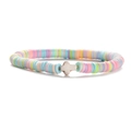 Detail shot of colorful 6mm heishi clay beads and a white cross bead on a white background - Elastic Style / Color 13