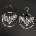 Gothic silver moth earrings with skull center and black beads in a vintage punk style - Skull Moth Circle / Antique Silver
