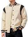 Schwere Varsity-Jacke für Herren in Creme und Schwarz mit gestreiften Rippbündchen - S / Khaki