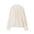 Camicia in raso bianco avorio da donna con collo alto drappeggiato e maniche a pieghe - XS / Bianco Naturale