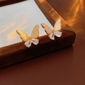 Elegant gold butterfly stud earrings with pink gradient shell wings and clear zircon drops - Gradient Butterfly / Sunstone