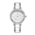 Montre quartz femme avec bracelet céramique blanc, lunette diamantée et couronne bleue - Cadran Blanc Argent