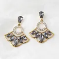 Vintage bohemian fan-shaped earrings with gray marquise gems and gold finish - Transparent Black