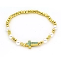 Bracciale a sfere dorate con perle bianche e ciondolo a croce in zircone blu da donna - Celeste