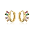 Close-up of gold geometric earrings with colorful rectangular zircon stones in fan shape - Fan-shaped Rectangular Colorful Gemstone Style (41798)