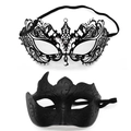 Black metal laser-cut mask with rhinestones and glitter filigree couple set - Pointed Bull Horn - Iron Black Set