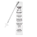 Detailed macro view of silver stainless steel bookmark with engraved Bible verses and cross - A12-Cross Chosen