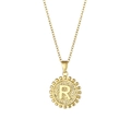 Gold stainless steel round pendant necklace with engraved letter R and beaded edge details - Letter R