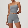 Women's misty grey yoga set with seamless high-waist shorts and cropped athletic tank top - S / Tank Top + Shorts / Iron Grey