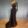 Elegante abito da sera monospalla di paillettes con strascico a sirena in raso nero - S (US size 2) / caffè