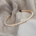 Elegant gold metal headband featuring white oval pearls and black comfort tips on a soft background - 35# Gold Pearl Headband