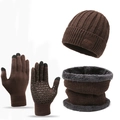 Dark brown knitted beanie hat, fleece neck gaiter and touchscreen gloves set for winter - Hat + Neck Warmer + Gloves / Brown + Gloves 3-Piece Set