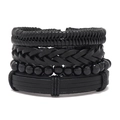 Set of four handmade black woven leather bracelets and beaded bangles for men and women - Black Simple Bead String Style (HTK002-H) / Set of 4