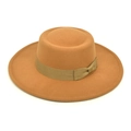Detail of camel wool felt hat showing flat top and elegant grosgrain ribbon with bow - M (56-58cm) / Camel