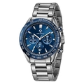 Business style chronograph watch with blue dial and stainless steel bracelet - Silver Blue Steel