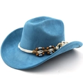 Détail d'un chapeau de cow-boy bleu en suède avec corde blanche, coquillages et perles - M (56-58cm) / Bleu Lac