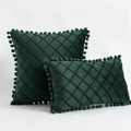 Dark green velvet throw pillows with diamond quilting and pom-pom trim in two sizes - 30*50cm Without Core / Dark Cyan