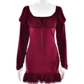 Detailed view of square neck design with drawstring ties on a wine red ruffle dress - S / Burgundy